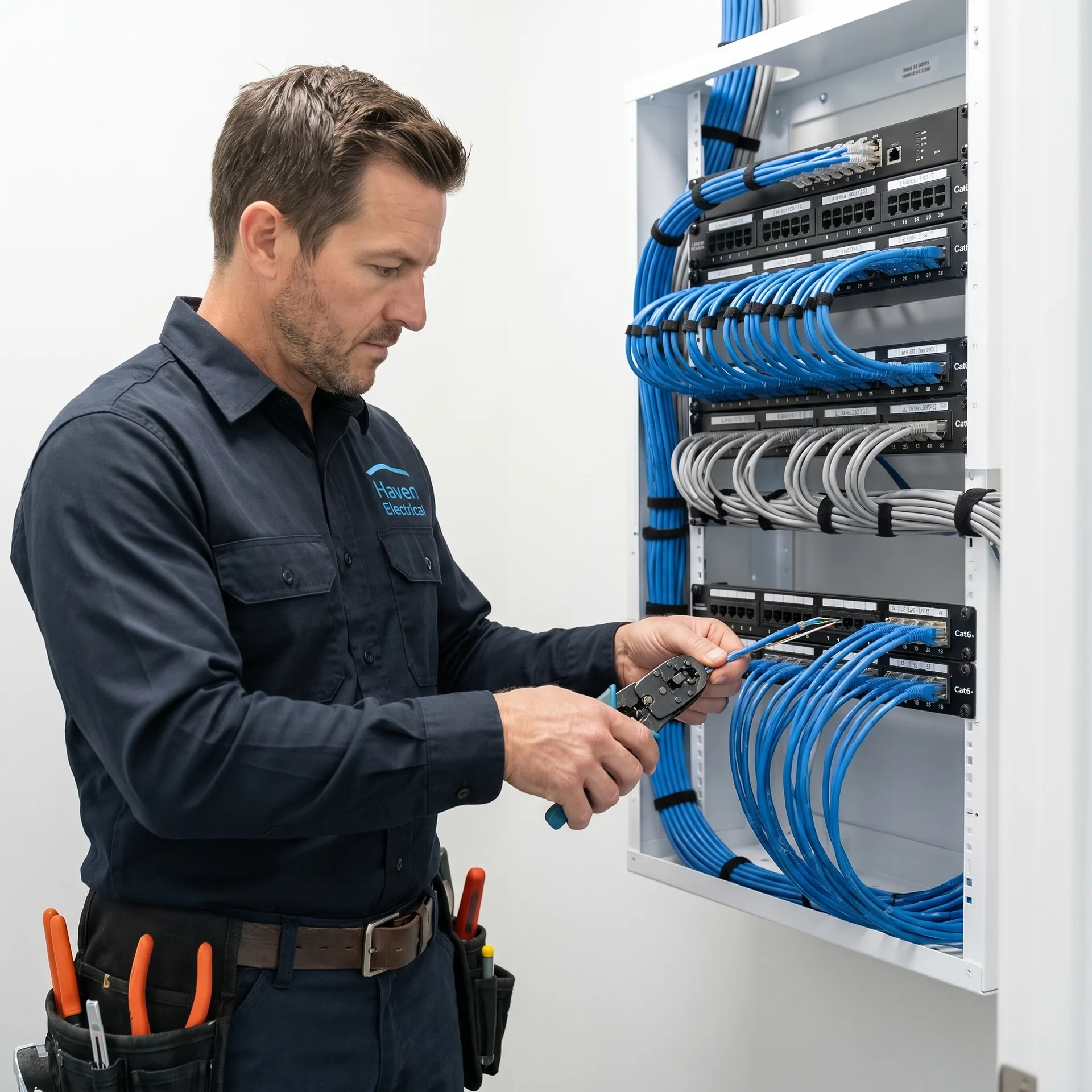 Haven Electrical electrician terminating data cabling in a Cork server room