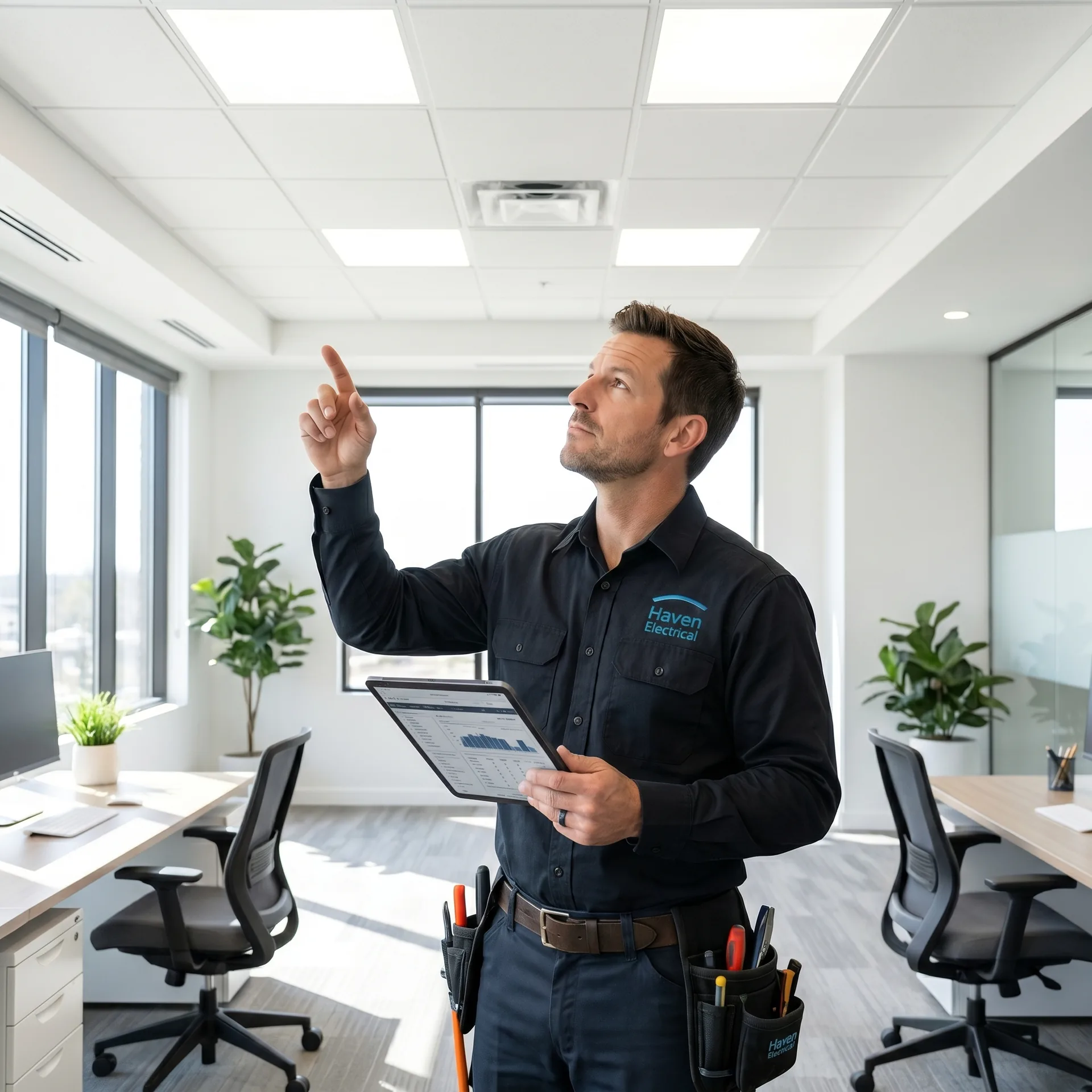 Haven Electrical electrician carrying out energy efficiency audit in a Cork office
