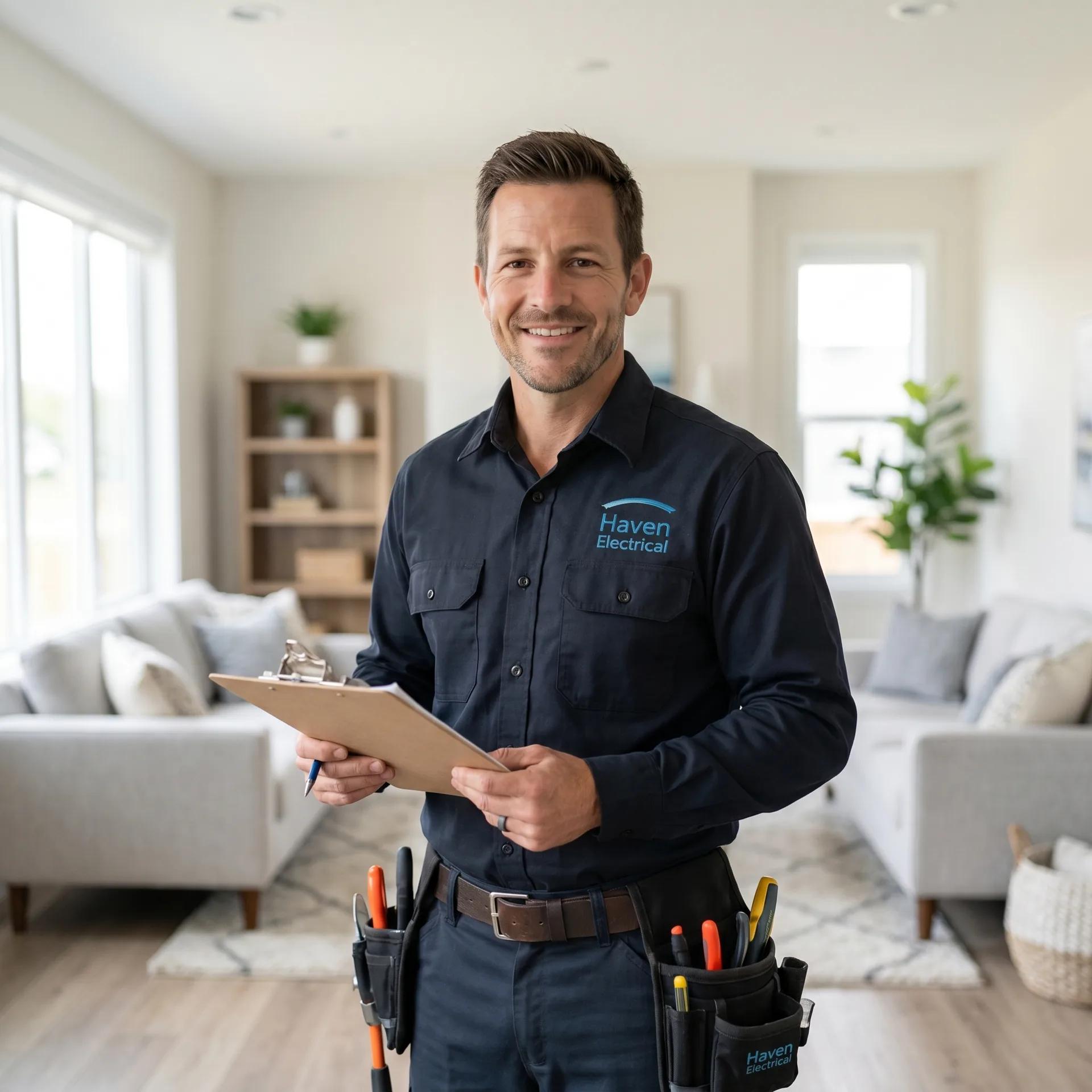 Haven Electrical electrician consulting with a homeowner in a Cork living room