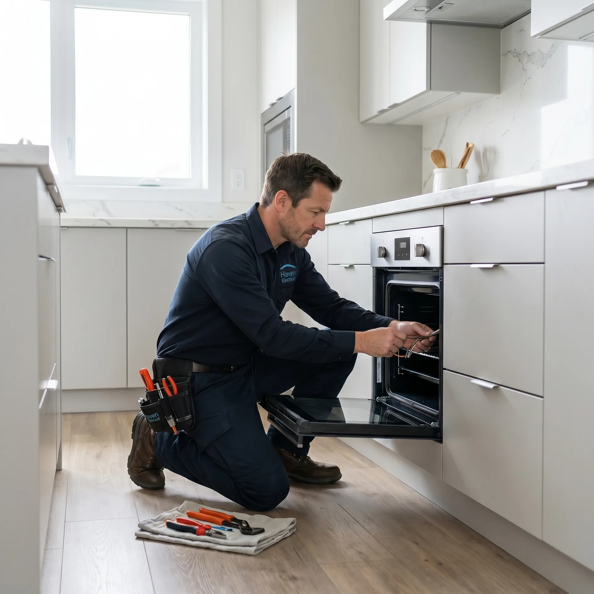 Haven Electrical electrician wiring a kitchen appliance in a modern Cork kitchen