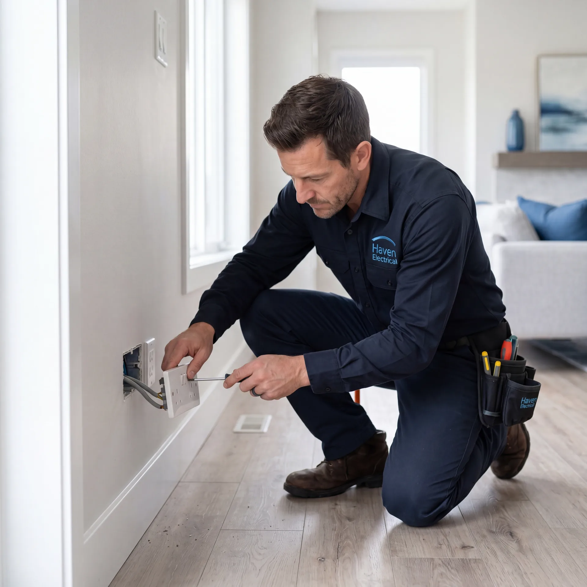 Haven Electrical electrician fitting a double socket in a Cork home